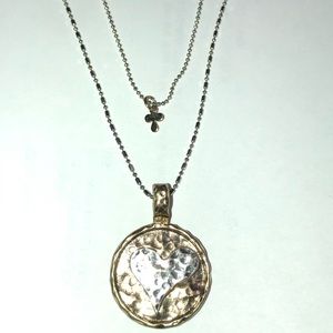 Gold & silver heart necklace double chain cross